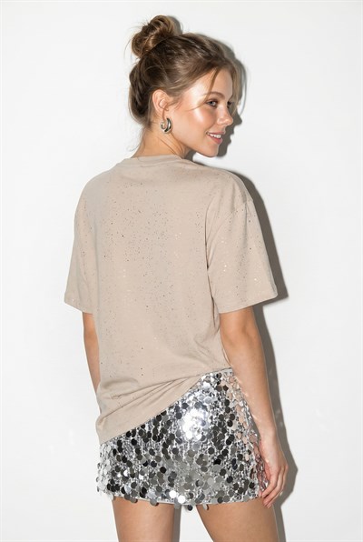 Kadın Simli Taş Yazı Baskılı Bisiklet Yaka Oversize Basic T-Shirt 2244 60286376 - Bej