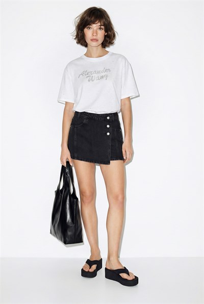 Kadın Simli Taş Yazı Baskılı Bisiklet Yaka Oversize Basic T-Shirt 2244 60286376 - Beyaz