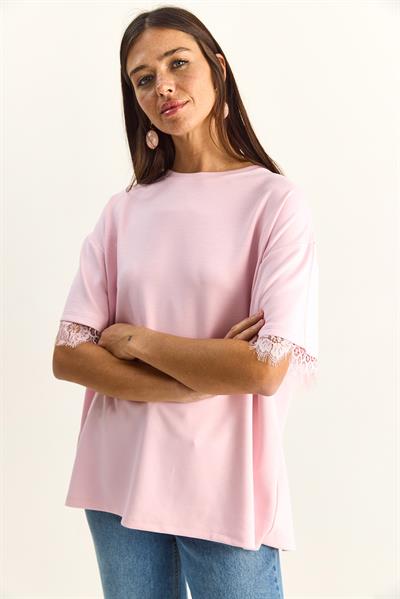 Kadın Sırt Detaylı Dantel Garnili T-Shirt 1073 60286023 - Pembe