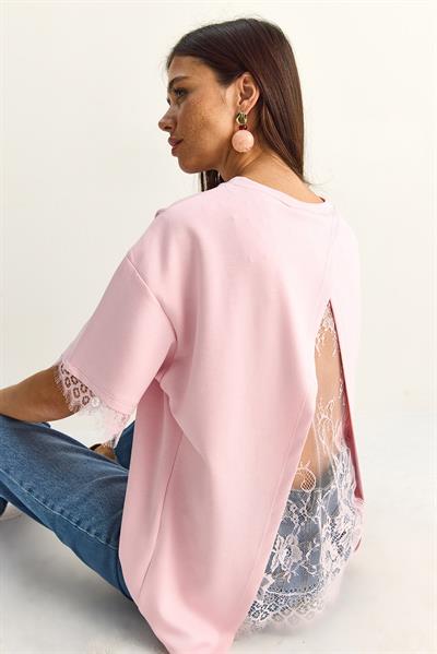 Kadın Sırt Detaylı Dantel Garnili T-Shirt 1073 60286023 - Pembe
