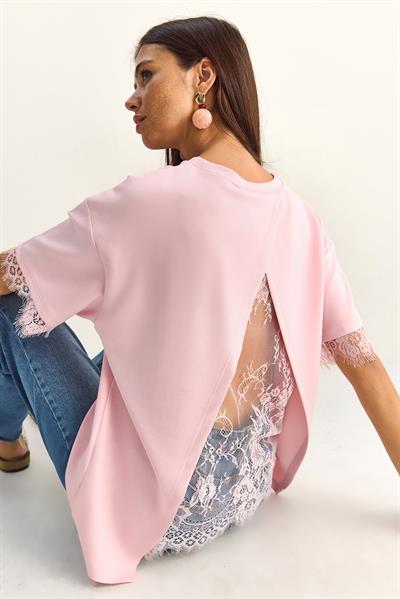 Kadın Sırt Detaylı Dantel Garnili T-Shirt 1073 60286023 - Pembe