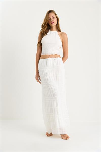 Kadın Sırt Detaylı Gipeli Crop Bluz Astarlı Pileli Etek Takım 9542 60283444 - Beyaz