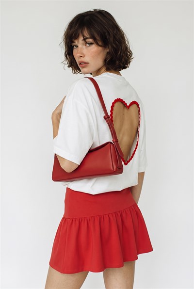 Kadın Sırtı Kalp Dekolteli Oversize Modal T-Shirt 1113 60286328 - Beyaz-Kırmızı