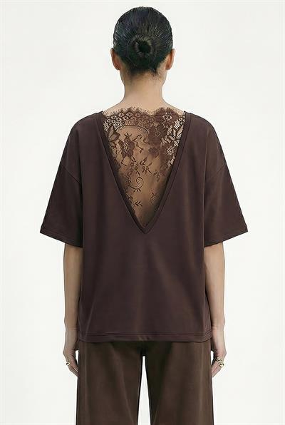 Kadın Sırtı V Dantel Detaylı Scuba Oversize T-Shirt 1050 60283974 - Acı Kahve