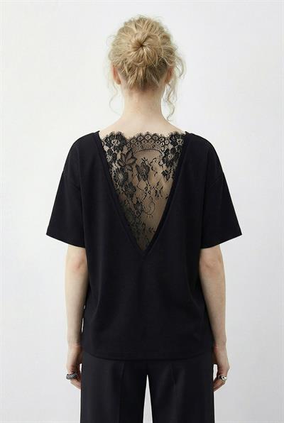 Kadın Sırtı V Dantel Detaylı Scuba Oversize T-Shirt 1050 60283974 - Siyah