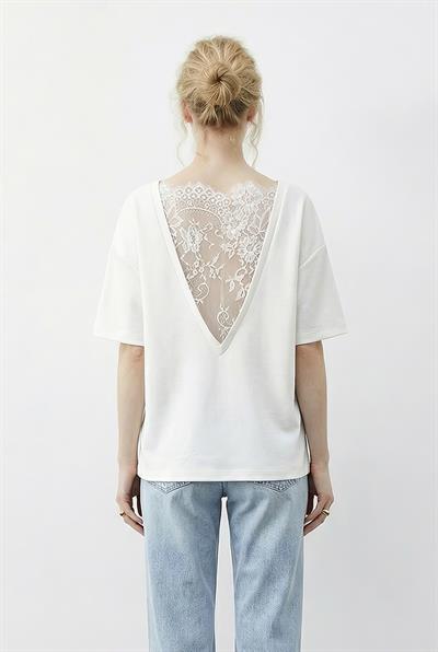 Kadın Sırtı V Dantel Detaylı Scuba Oversize T-Shirt 1050 60283974 - Beyaz