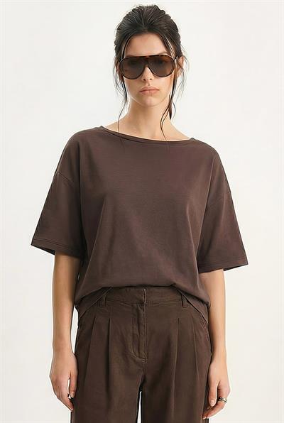 Kadın Sırtı V Dantel Detaylı Scuba Oversize T-Shirt 1050 60283974 - Acı Kahve
