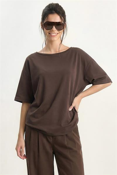 Kadın Sırtı V Dantel Detaylı Scuba Oversize T-Shirt 1050 60283974 - Acı Kahve