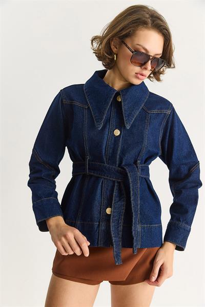 Kadın Sivri Yaka Kuşaklı Dikiş Detaylı Denim Ceket 5253 60283533 - Lacivert