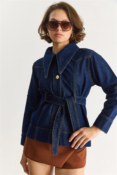Kadın Sivri Yaka Kuşaklı Dikiş Detaylı Denim Ceket 5253 60283533 - Lacivert