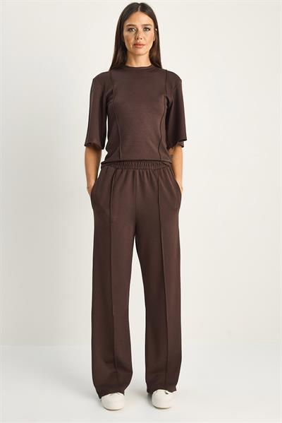 Kadın Soft Touch Nervürlü Yarım Kol T-Shirt Lastikli Bol Paça Pantolon Takım 18000 60286181 - Acı Kahve