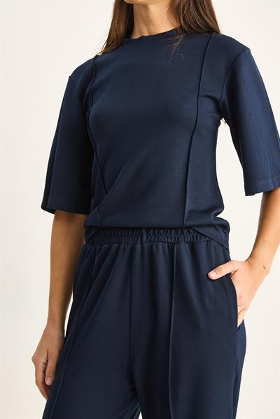 Kadın Soft Touch Nervürlü Yarım Kol T-Shirt Lastikli Bol Paça Pantolon Takım 18000 60286181 - Lacivert
