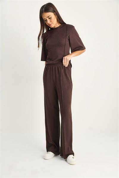 Kadın Soft Touch Nervürlü Yarım Kol T-Shirt Lastikli Bol Paça Pantolon Takım 18000 60286181 - Acı Kahve