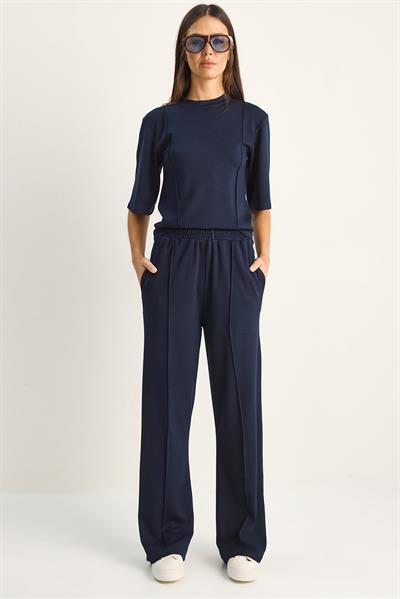 Kadın Soft Touch Nervürlü Yarım Kol T-Shirt Lastikli Bol Paça Pantolon Takım 18000 60286181 - Lacivert