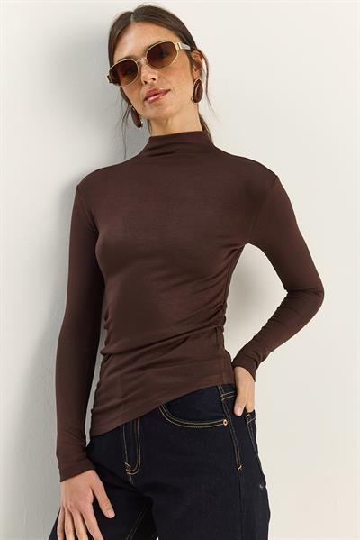 Kadın Soft Touch Yarım Balıkçı Yaka Büzgülü Basic Blüz 1014 60283889 - Acı Kahve