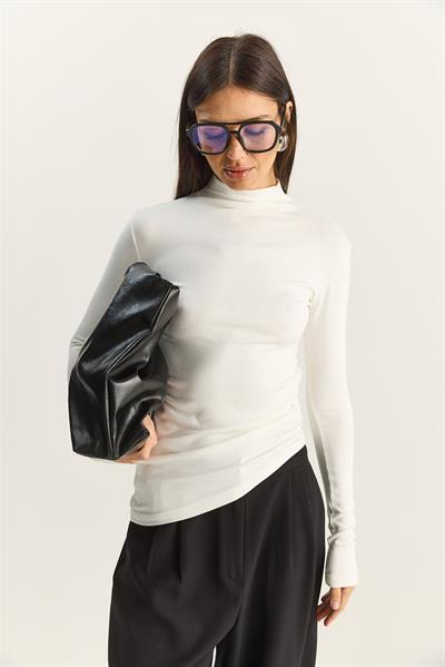 Kadın Soft Touch Yarım Balıkçı Yaka Büzgülü Basic Blüz 1014 60283889 - Beyaz