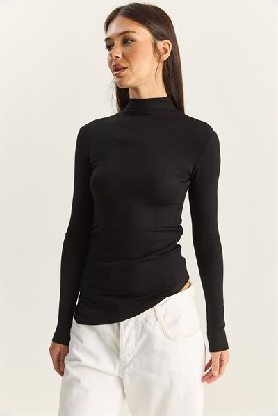 Kadın Soft Touch Yarım Balıkçı Yaka Büzgülü Basic Blüz 1014 60283889 - Siyah