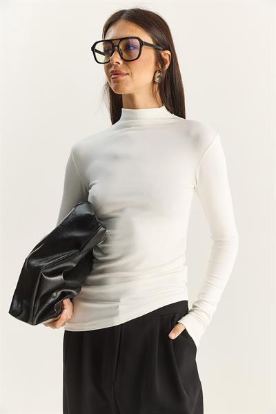 Kadın Soft Touch Yarım Balıkçı Yaka Büzgülü Basic Blüz 1014 60283889 - Beyaz