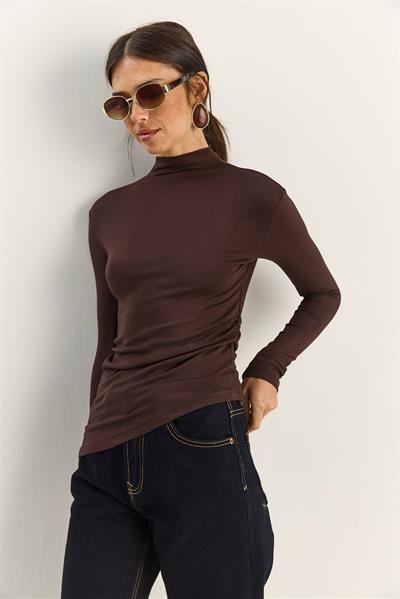 Kadın Soft Touch Yarım Balıkçı Yaka Büzgülü Basic Blüz 1014 60283889 - Acı Kahve