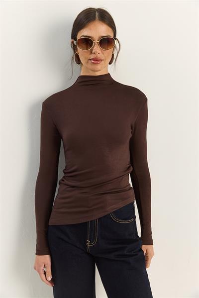 Kadın Soft Touch Yarım Balıkçı Yaka Büzgülü Basic Blüz 1014 60283889 - Acı Kahve