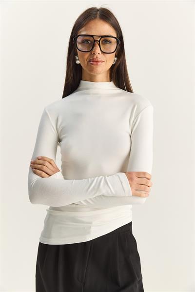 Kadın Soft Touch Yarım Balıkçı Yaka Büzgülü Basic Blüz 1014 60283889 - Beyaz