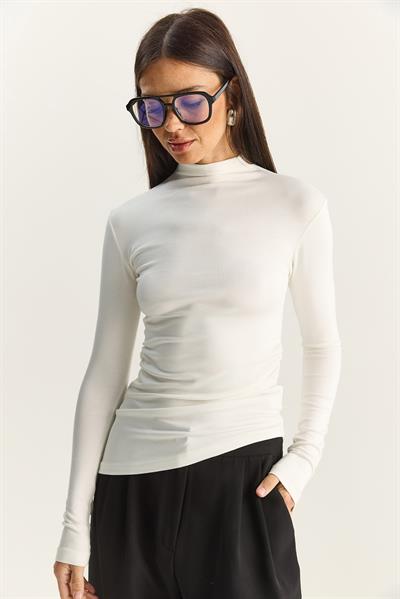 Kadın Soft Touch Yarım Balıkçı Yaka Büzgülü Basic Blüz 1014 60283889 - Beyaz