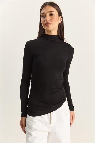 Kadın Soft Touch Yarım Balıkçı Yaka Büzgülü Basic Blüz 1014 60283889 - Siyah