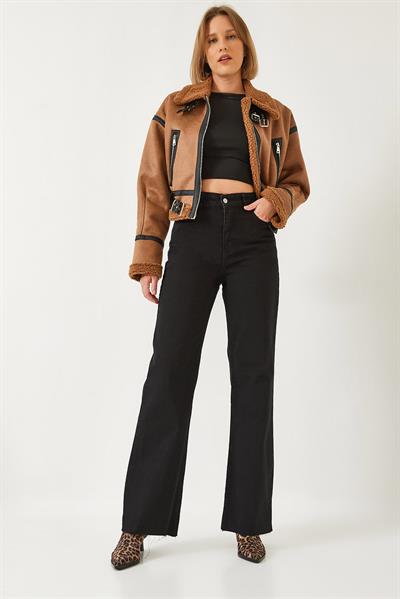 Kadın Straight Wide Yüksek Bel Paçası Kesik Uzun Denim Yıkamalı Pantolon 1077 60261307 - Siyah