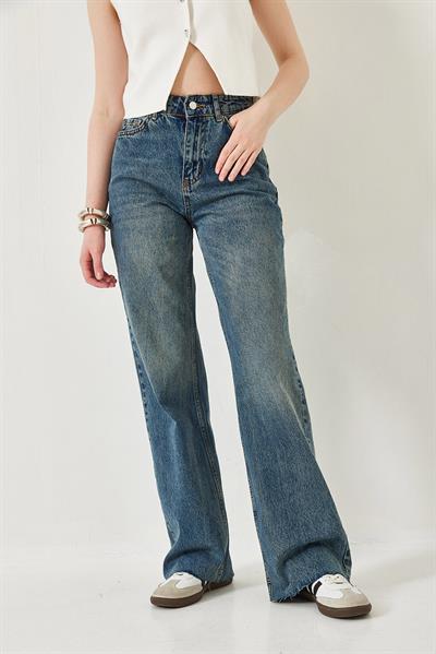 Kadın Straight Wide Yüksek Bel Paçası Kesik Uzun Denim Yıkamalı Pantolon 1077 60261307 - Mavi