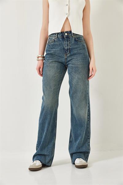 Kadın Straight Wide Yüksek Bel Paçası Kesik Uzun Denim Yıkamalı Pantolon 1077 60261307 - Mavi