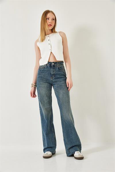 Kadın Straight Wide Yüksek Bel Paçası Kesik Uzun Denim Yıkamalı Pantolon 1077 60261307 - Mavi
