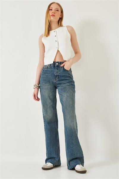 Kadın Straight Wide Yüksek Bel Paçası Kesik Uzun Denim Yıkamalı Pantolon 1077 60261307 - Mavi