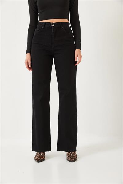 Kadın Straight Wide Yüksek Bel Paçası Kesik Uzun Denim Yıkamalı Pantolon 1077 60261307 - Siyah