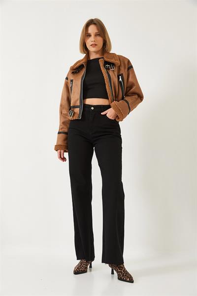 Kadın Straight Wide Yüksek Bel Paçası Kesik Uzun Denim Yıkamalı Pantolon 1077 60261307 - Siyah