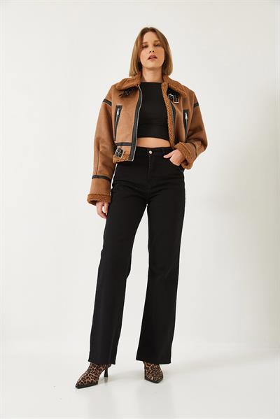 Kadın Straight Wide Yüksek Bel Paçası Kesik Uzun Denim Yıkamalı Pantolon 1077 60261307 - Siyah