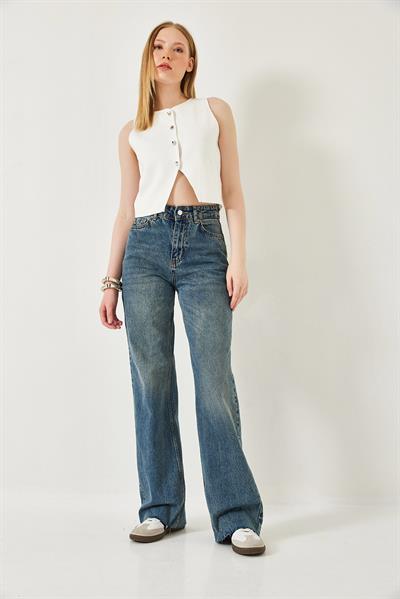 Kadın Straight Wide Yüksek Bel Paçası Kesik Uzun Denim Yıkamalı Pantolon 1077 60261307 - Mavi