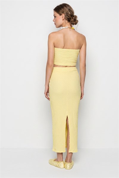 Kadın Straplez Bürümcük Crop Bluz Yüksek Bel Midi Kalem Etek Takım 60286447 - Sarı