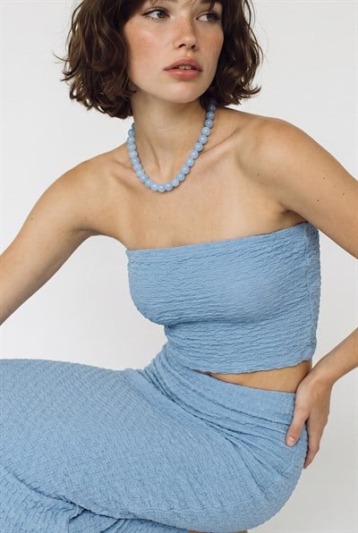 Kadın Straplez Bürümcük Crop Bluz Yüksek Bel Midi Kalem Etek Takım 60286447 - Mavi