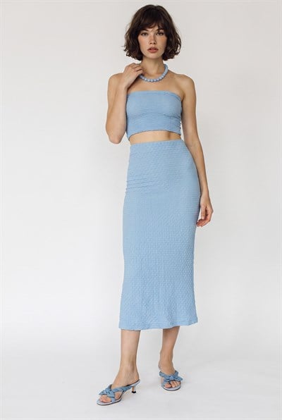 Kadın Straplez Bürümcük Crop Bluz Yüksek Bel Midi Kalem Etek Takım 60286447 - Mavi