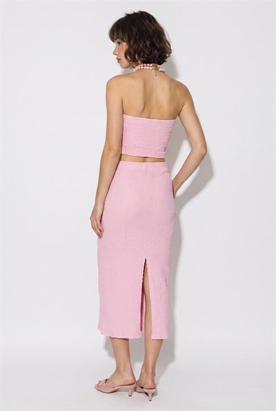 Kadın Straplez Bürümcük Crop Bluz Yüksek Bel Midi Kalem Etek Takım 60286447 - Pembe