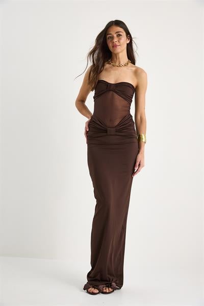 Kadın Straplez Tül Detaylı Saran Sandy Balık Elbise 2502 60283330 - Acı Kahve