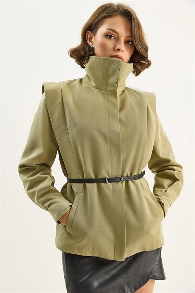 Kadın Strüktürlü Omuz Detaylı Kemerli Astarlı Ceket 0214 60283728 - Çağla Yeşili