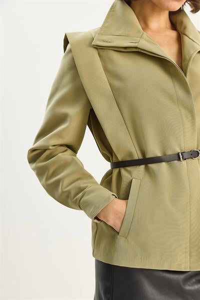 Kadın Strüktürlü Omuz Detaylı Kemerli Astarlı Ceket 0214 60283728 - Çağla Yeşili