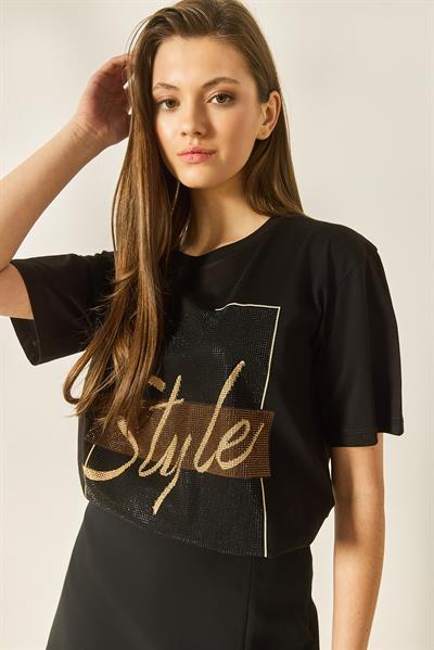 Kadın Style Yazılı Taş Baskılı Rahat Kalıp Pamuklu T-Shirt 1610 60283282 - Siyah