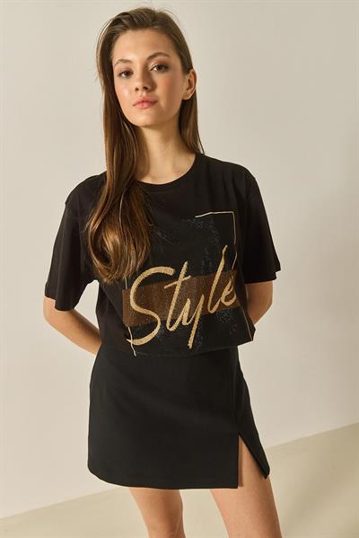Kadın Style Yazılı Taş Baskılı Rahat Kalıp Pamuklu T-Shirt 1610 60283282 - Siyah