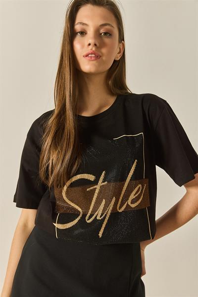 Kadın Style Yazılı Taş Baskılı Rahat Kalıp Pamuklu T-Shirt 1610 60283282 - Siyah