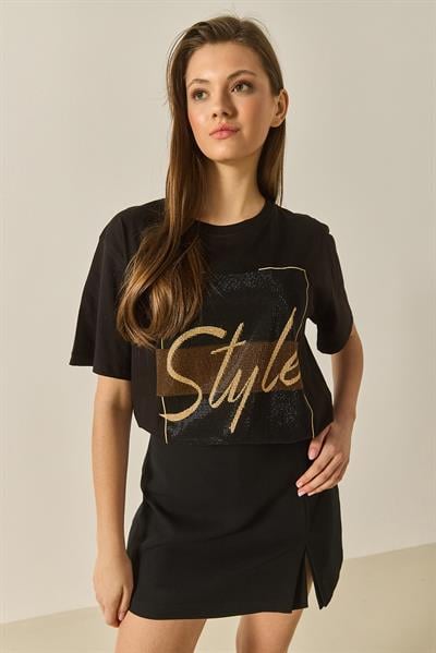 Kadın Style Yazılı Taş Baskılı Rahat Kalıp Pamuklu T-Shirt 1610 60283282 - Siyah