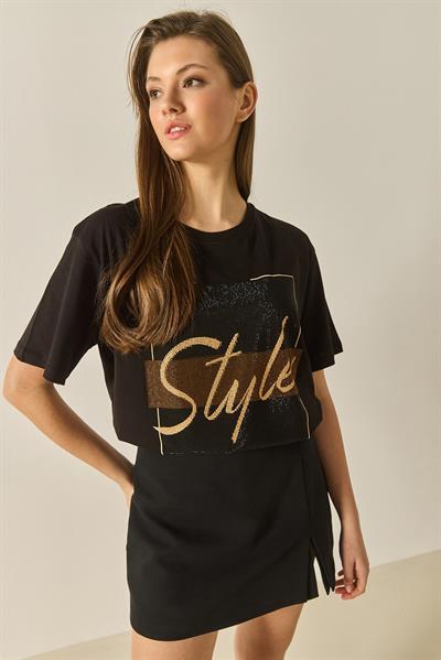 Kadın Style Yazılı Taş Baskılı Rahat Kalıp Pamuklu T-Shirt 1610 60283282 - Siyah