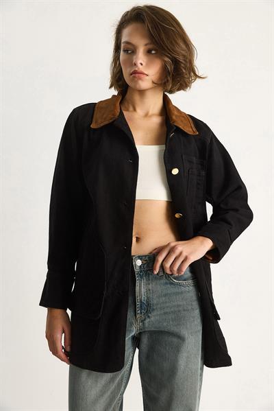 Kadın Süet Kontrast Yaka Cep Detaylı Garnili Gabardin Ceket 2767 60281112 - Siyah