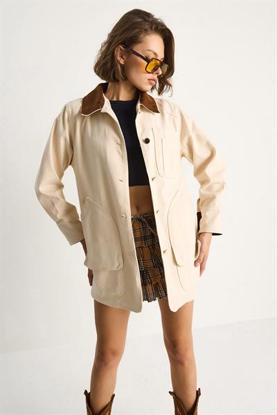 Kadın Süet Kontrast Yaka Cep Detaylı Garnili Gabardin Ceket 2767 60281112 - Bej